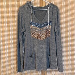 Chance or Fate Womens Heather Gray Sequin Chevron Hoodie Top Large Steetwear
